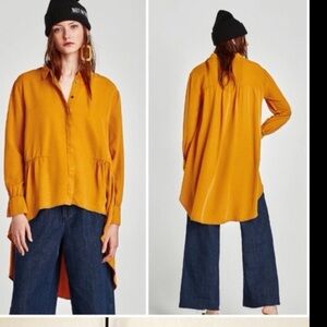 Zara Long Asymmetrical Tunic Button Up Long Button Sleeve Pleated Accents Small